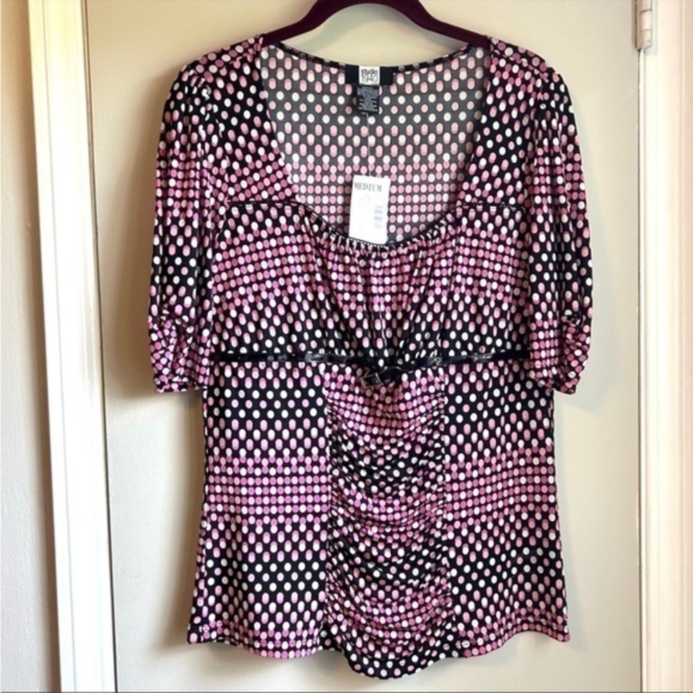 Studio 1940 Pink & Black Polka Dot Polyester Empire Waist Women’s Blouse -M